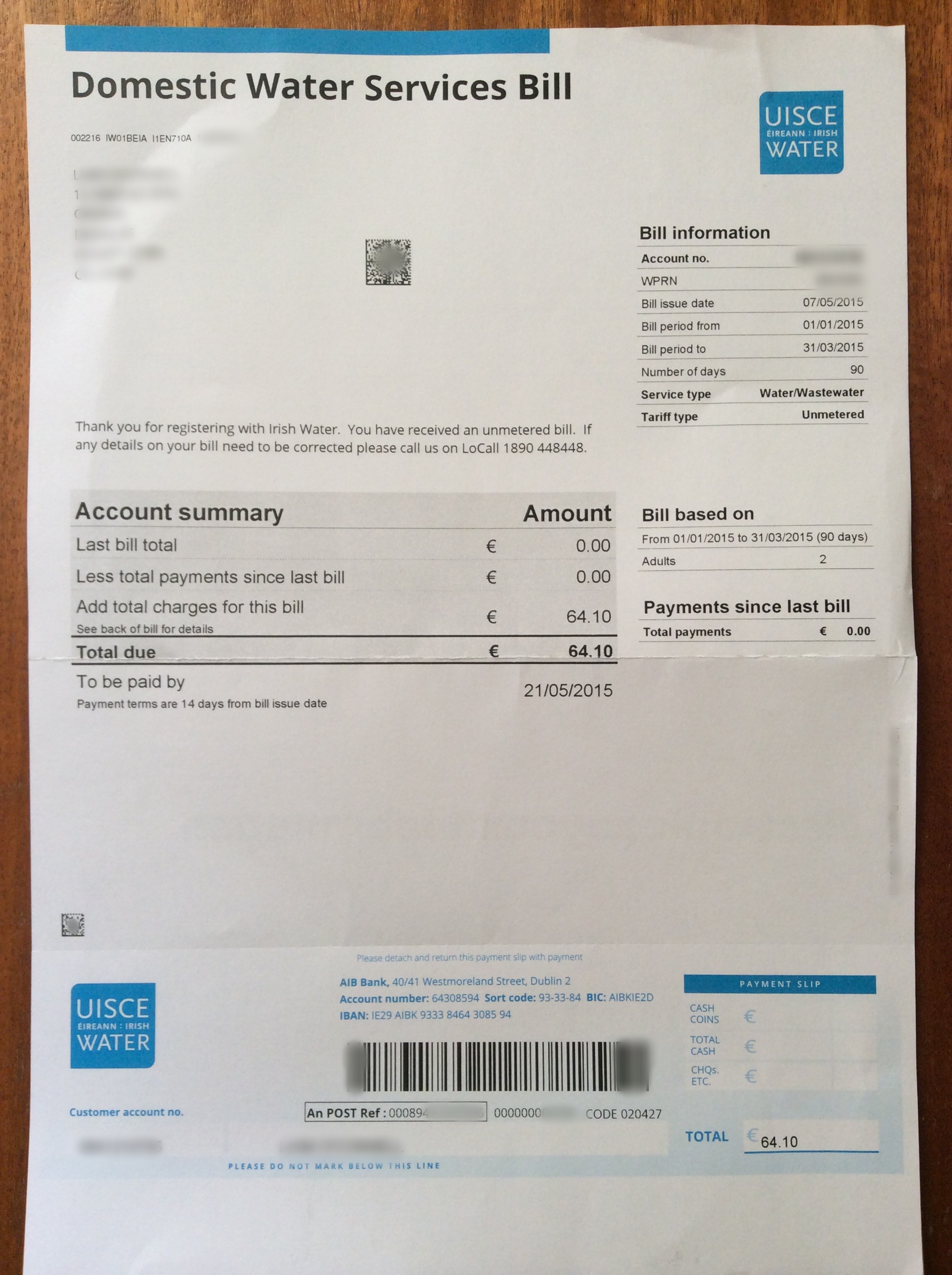 So this is what an Irish Water utility bill looks like